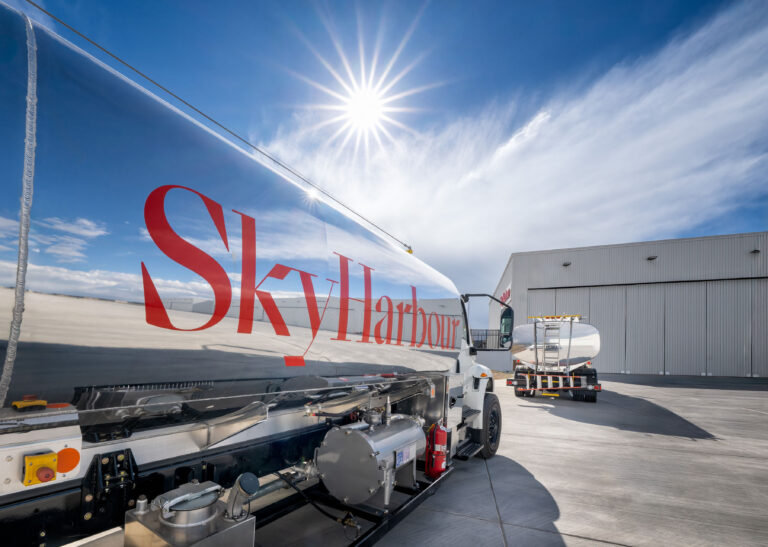 Sky Harbour fuel truck on the ramp with the sun reflecting off its tank