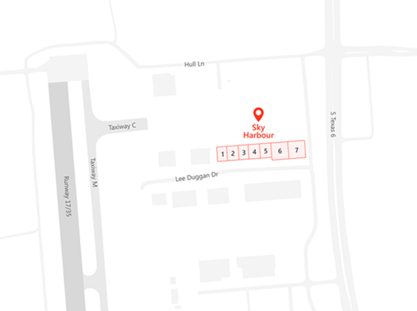 Site map showing the Sky Harbour hangar buildings near the runway at Houston SGR